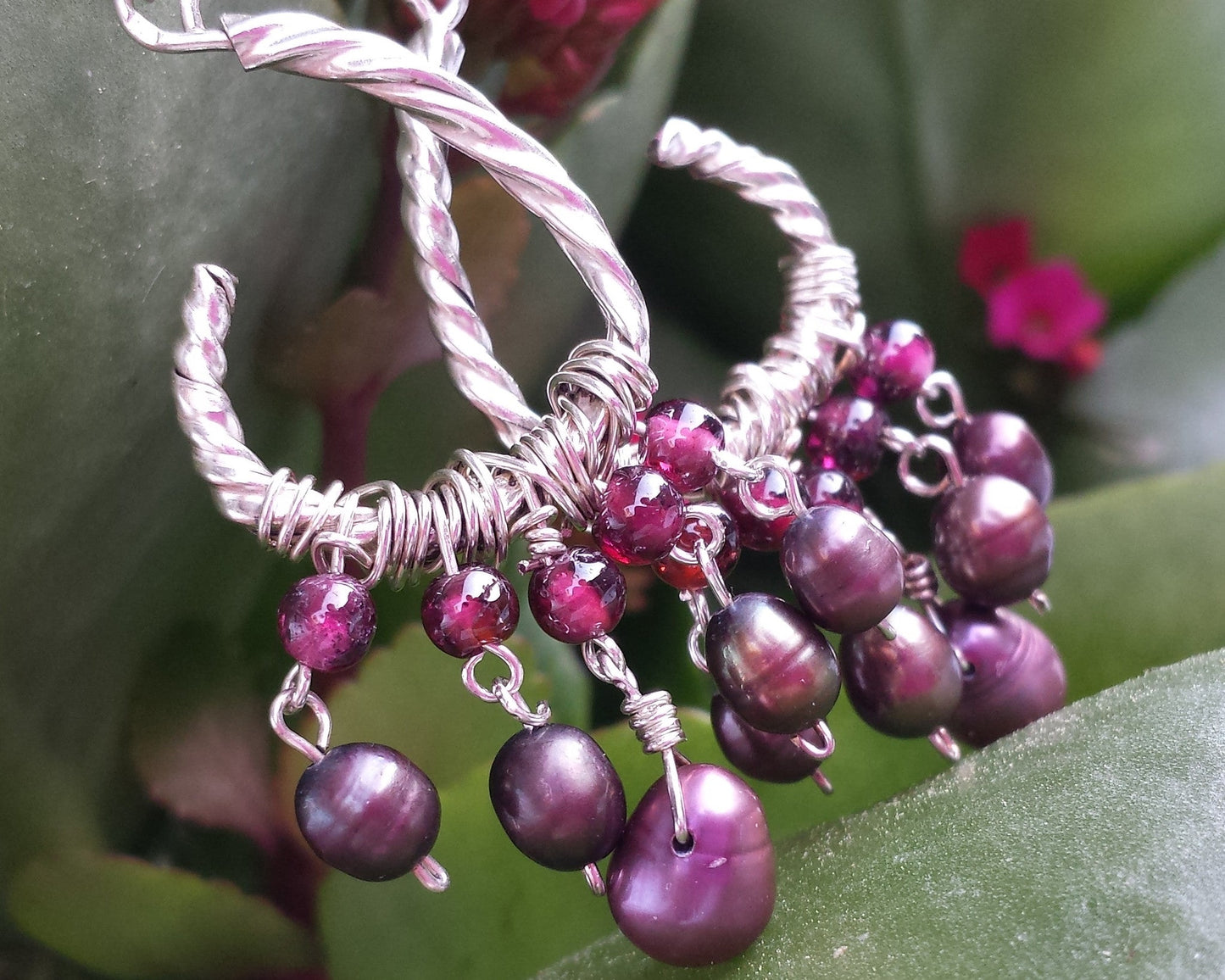 Long Garnet Pearl Chandlier Earrings, wire wrapped Sterling Silver, Garnets, and Freshwater Cultured Pearls.