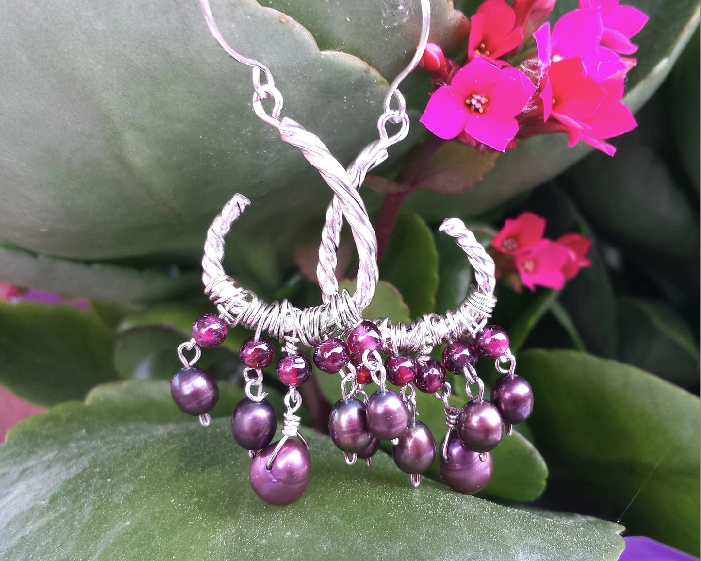 Juicy Garnet Pearl Chandelier Earrings