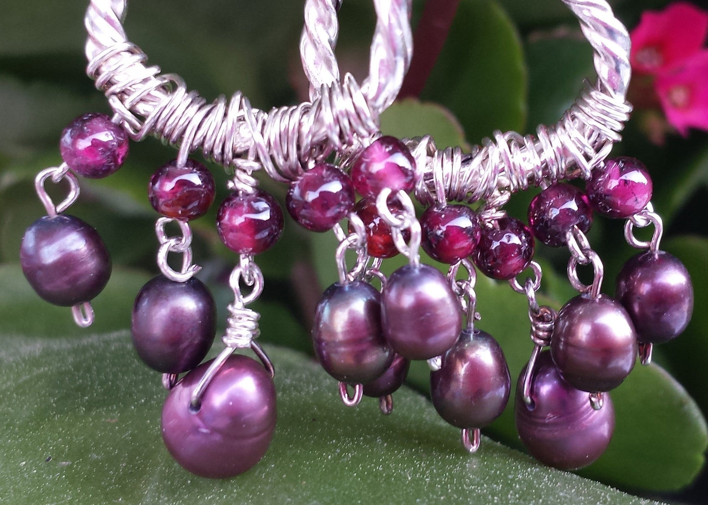 Long Garnet Pearl Chandlier Earrings, wire wrapped Sterling Silver, Garnets, and Freshwater Cultured Pearls.