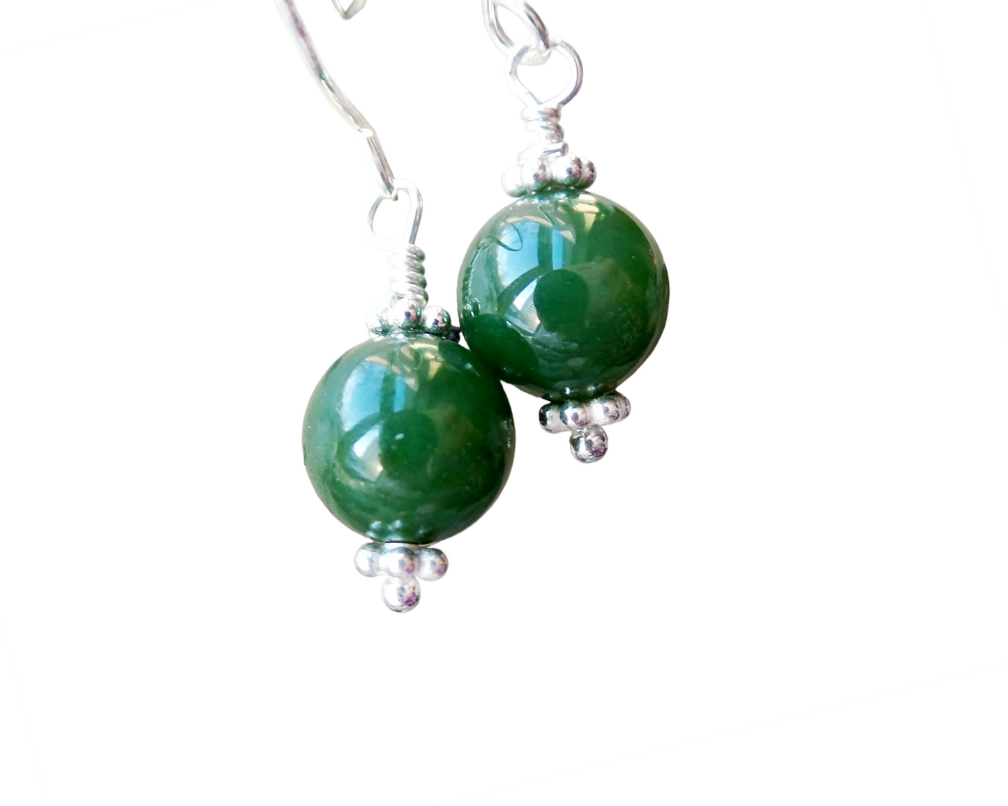 Vintage Canadian BC Jade Dangle Earrings, Sterling Silver, Green Nephrite Jade Stones