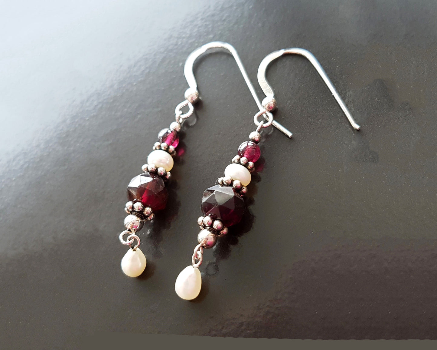 Victorian Style Garnet Pearl Dangle Earrings