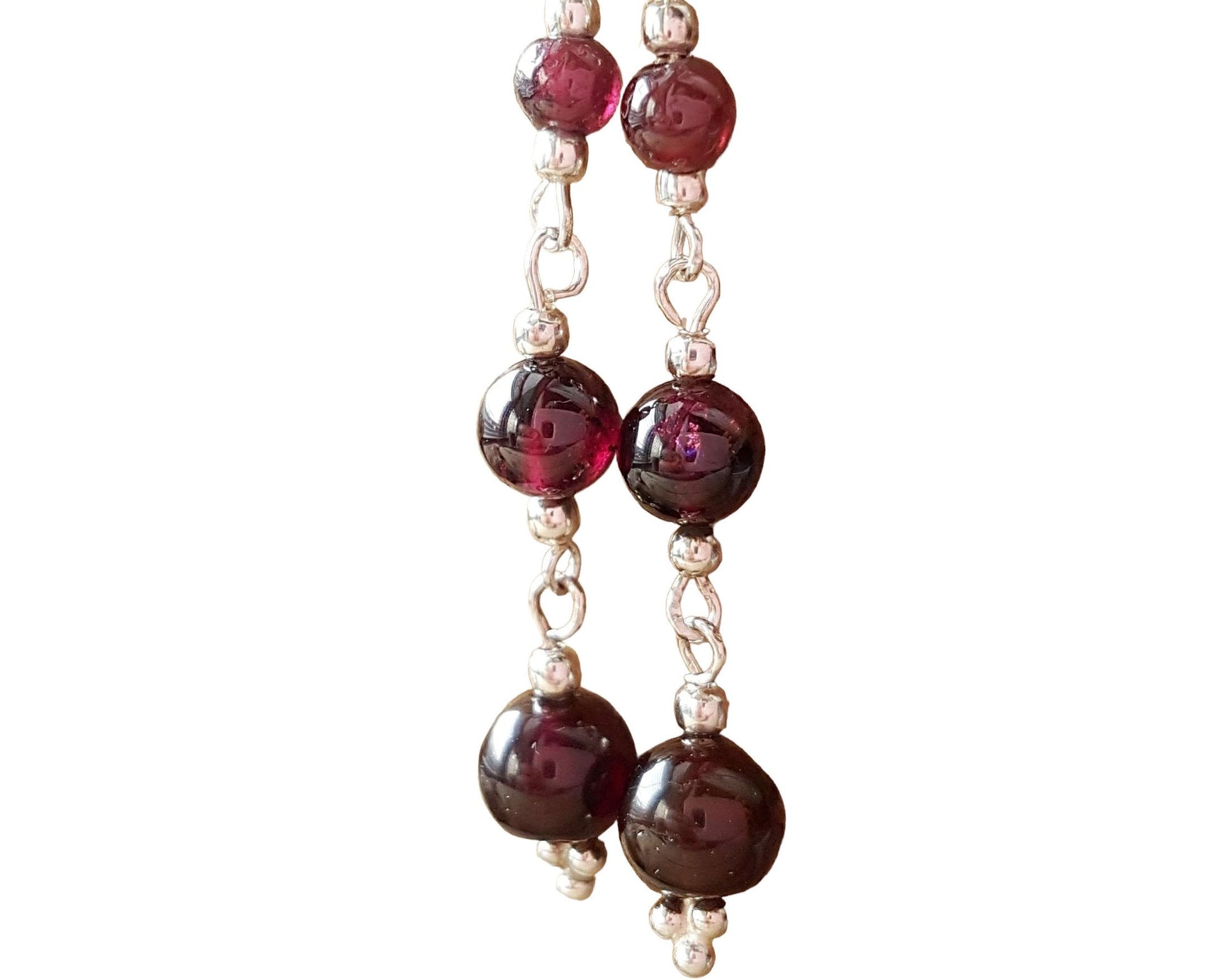 Long Garnet Passion Earrings-Three deep red stones earrings with Sterling Silver