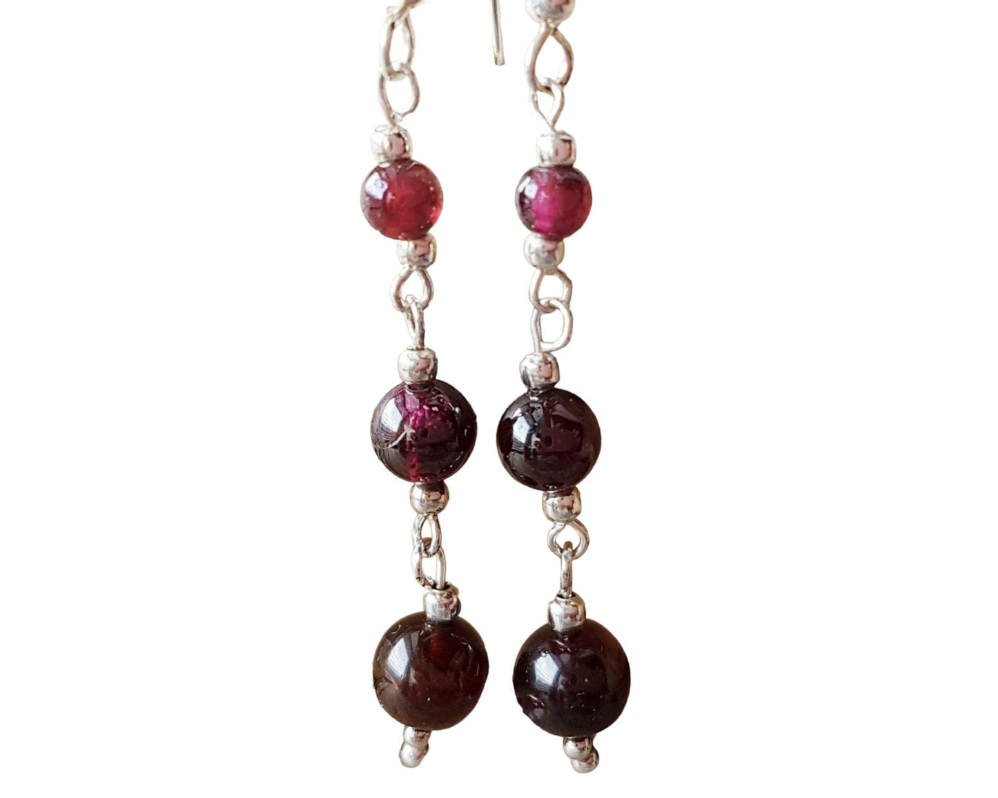 Long Garnet Passion Earrings-Three deep red stones earrings with Sterling Silver