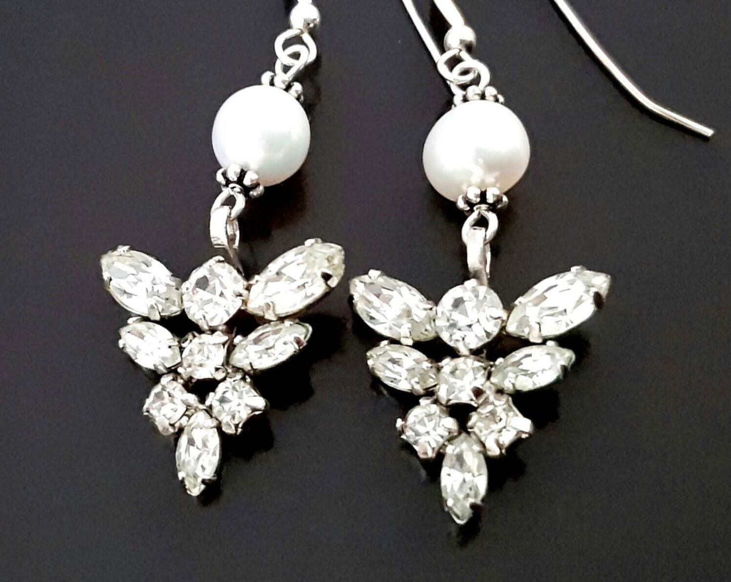Vintage Crystal Pearl Sterling Silver Earrings-Handcrafted-Vintage Clear Crystal-Freshwater Pearls