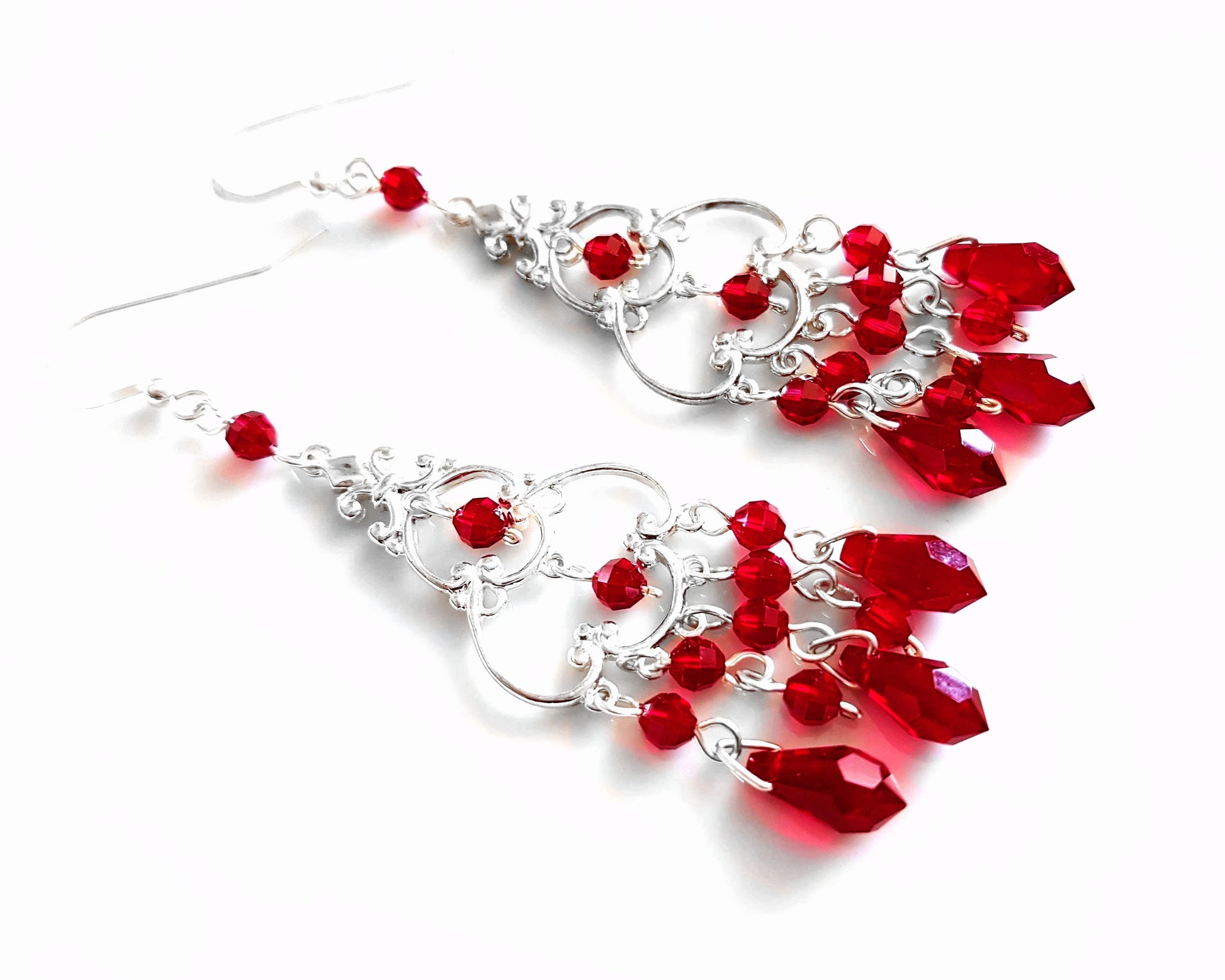 Long Siam Ruby Red Crystal Chandelier Earrings, Sterling Silver and Siam Ruby Red Crystal