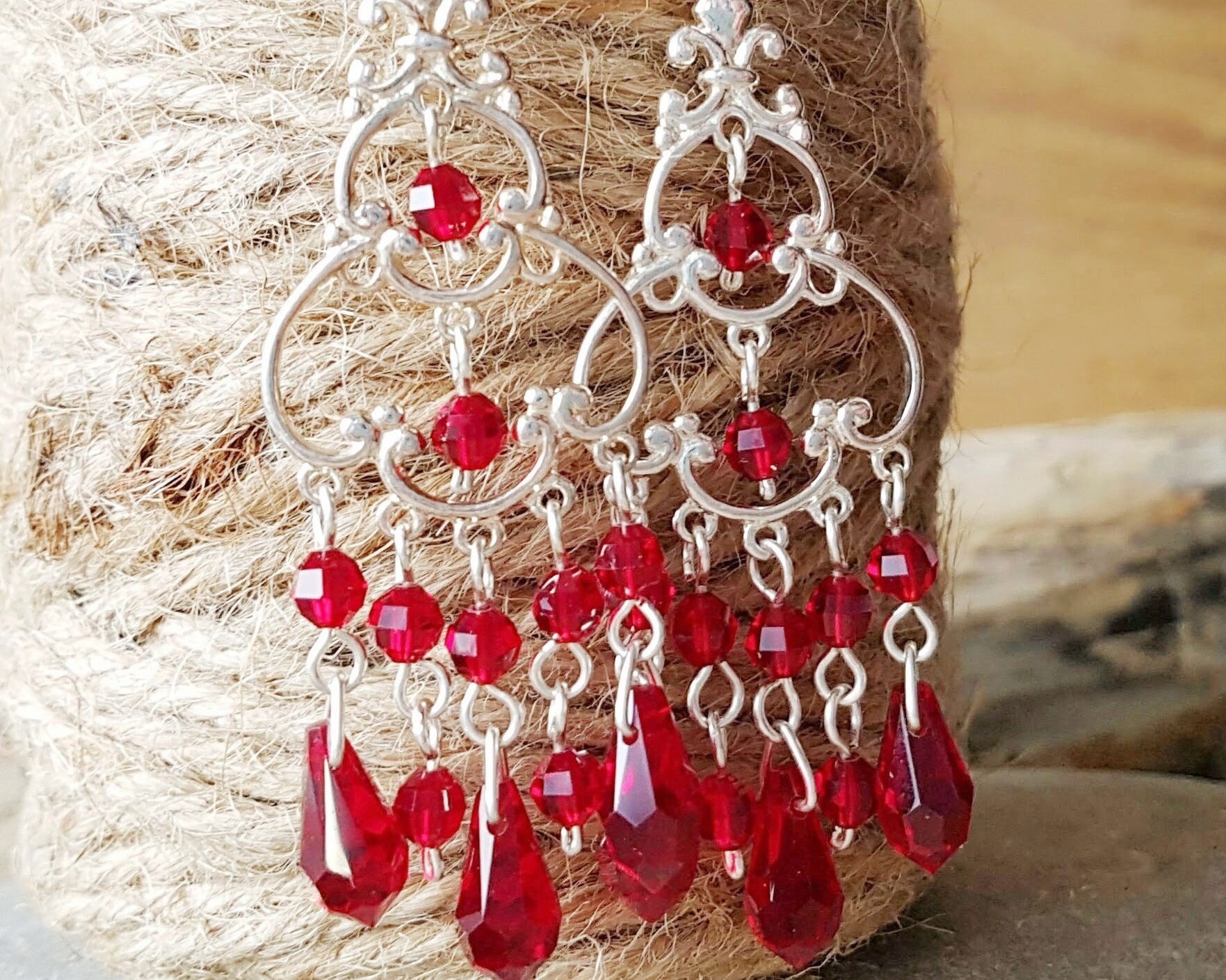 Long Siam Ruby Red Crystal Chandelier Earrings, Sterling Silver and Siam Ruby Red Crystal