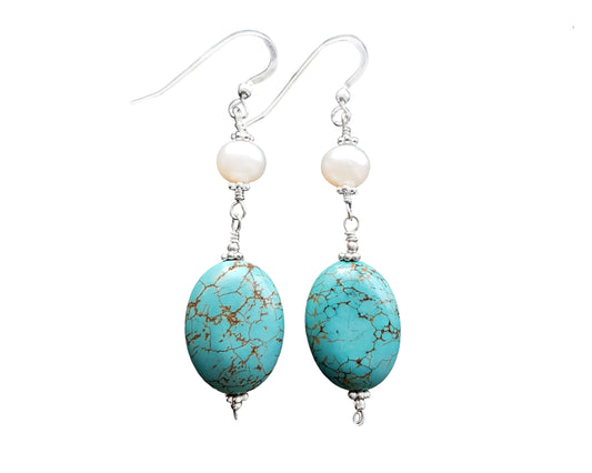 Long Turquoise and Freshwater Cultured Pearl Dangle Earrings