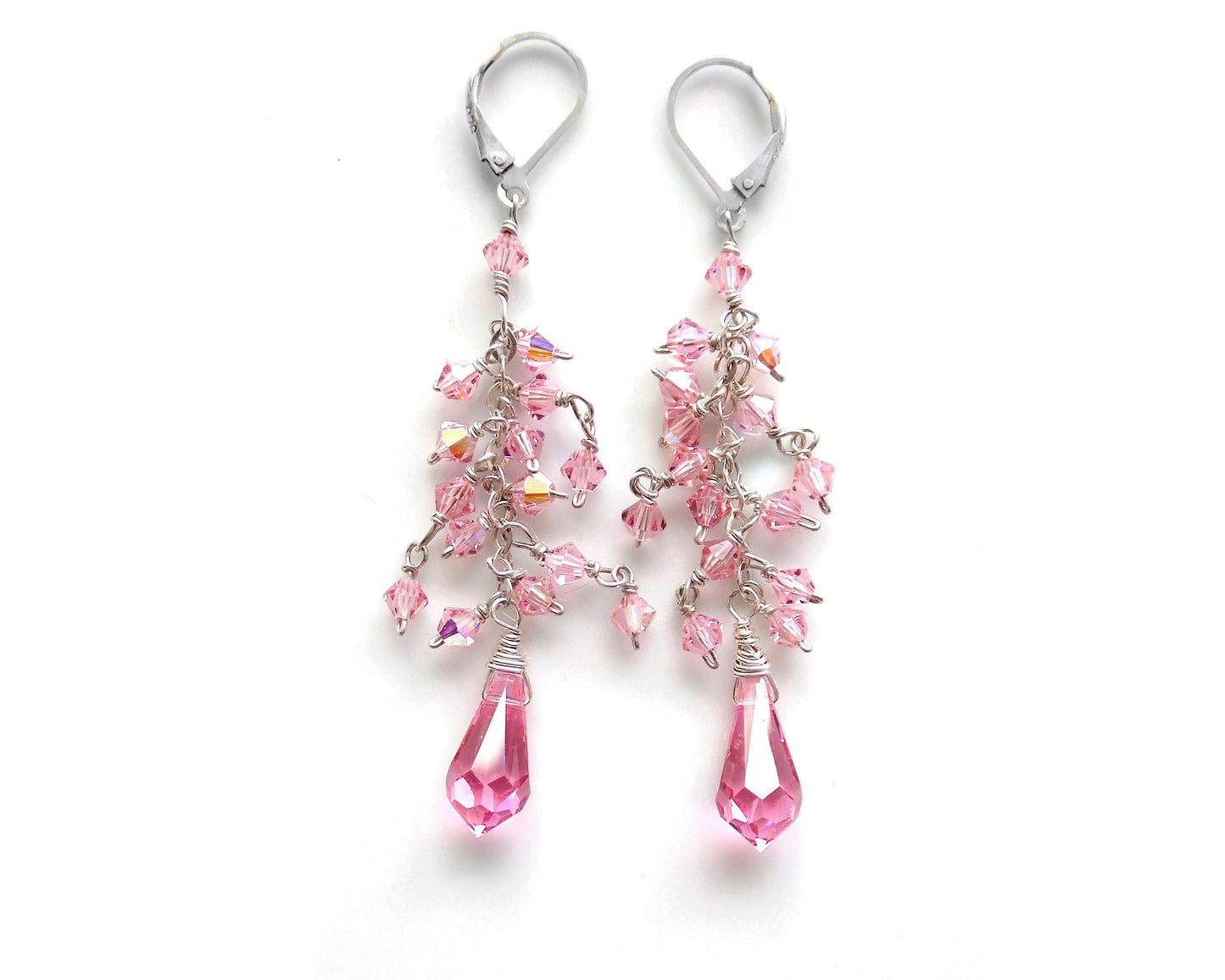 Long Pink Crstal Dangle Cluster Earrings, Sterling Silver, 4mm Rose Pink AB crystals dangling in loose cluster above drop shaped crystals. Lever back earring hooks. 