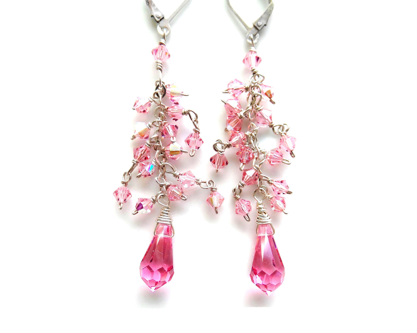 Long Pink Crstal Dangle Cluster Earrings, Sterling Silver, 4mm Rose Pink AB crystals dangling in loose cluster above drop shaped crystals. Lever back earring hooks. 