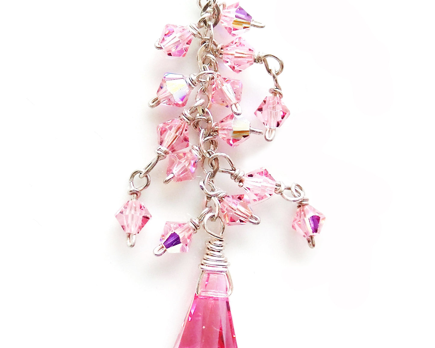 Long Pink Crstal Dangle Cluster Earrings, Sterling Silver, 4mm Rose Pink AB crystals dangling in loose cluster above drop shaped crystals. Lever back earring hooks. 