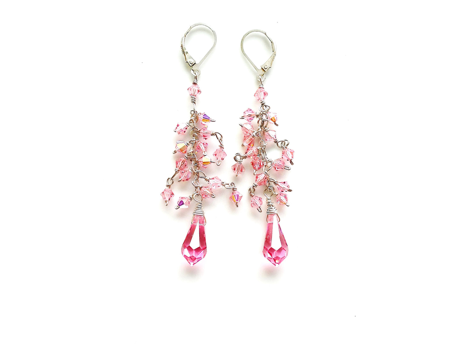 Long Pink Crstal Dangle Cluster Earrings, Sterling Silver, 4mm Rose Pink AB crystals dangling in loose cluster above drop shaped crystals. Lever back earring hooks. 