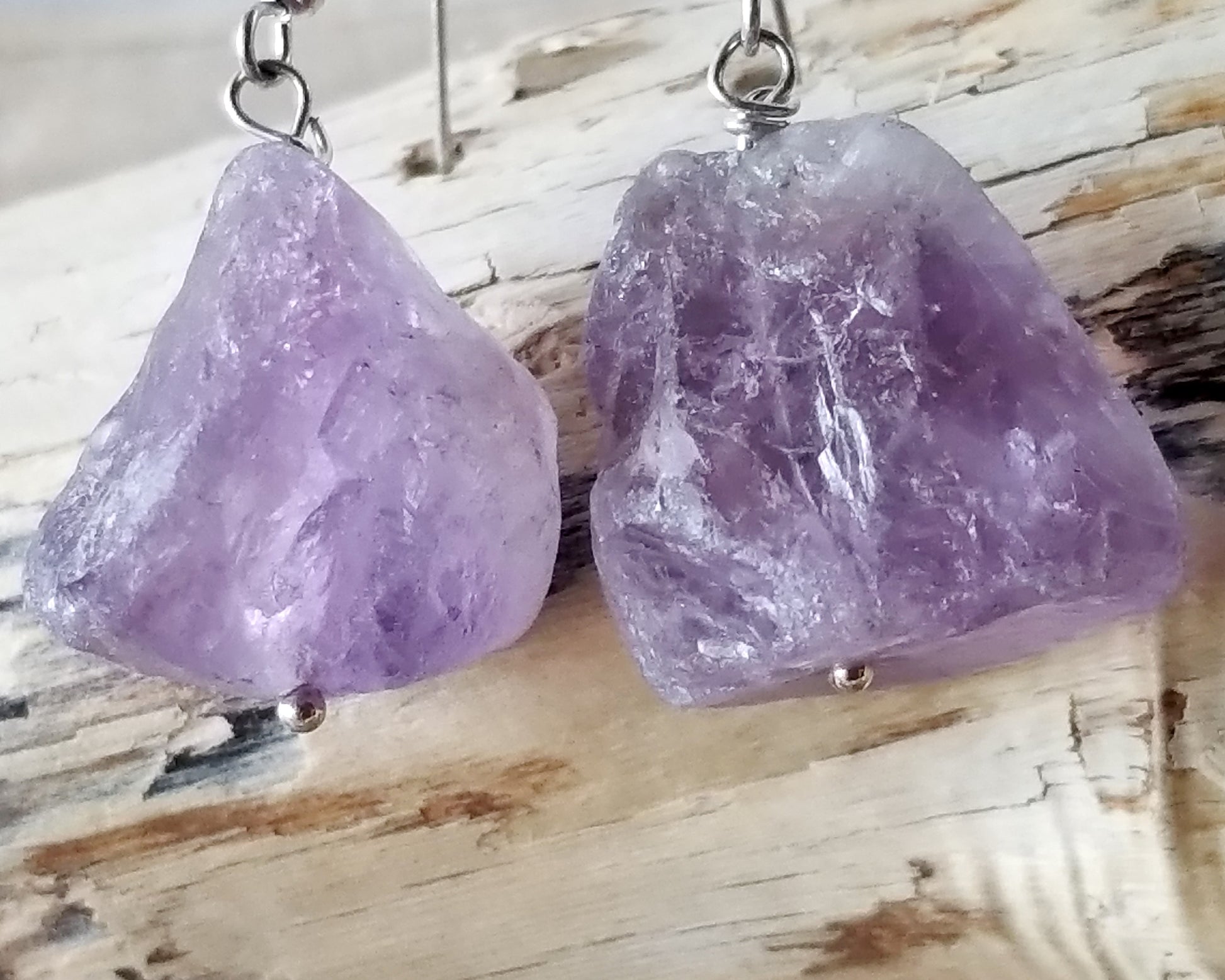 Lavender Amethyst Nugget Dangle Earrings, Sterling Silver French Earring Hooks, displayed on wood background