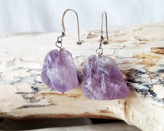 Lavender Amethyst Nugget Dangle Earrings, Sterling Silver French Earring Hooks, displayed on wood background