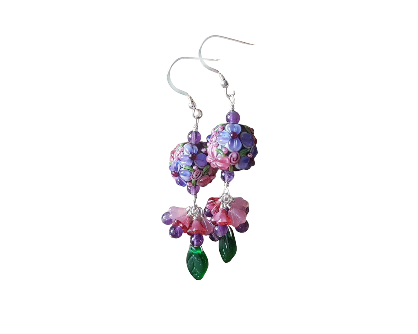 Long Sterling Silver Floral earrings with Amethyst beads, Large Lamprork glass bead and dangling pink flowers and green leaf’s, 