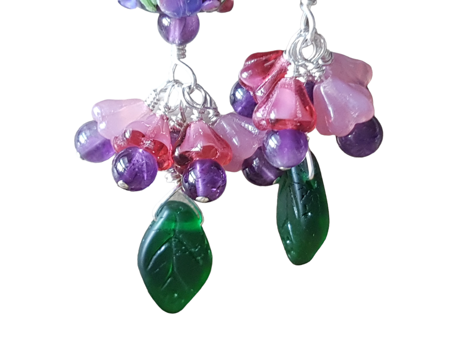 Long Sterling Silver Floral earrings with Amethyst beads, Large Lamprork glass bead and dangling pink flowers and green leaf’s, 