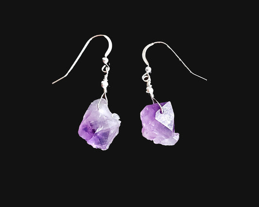 Amethyst Raw Crystal Nugget Dangle Earrings, Sterling Silver, French earing hooks on black background 