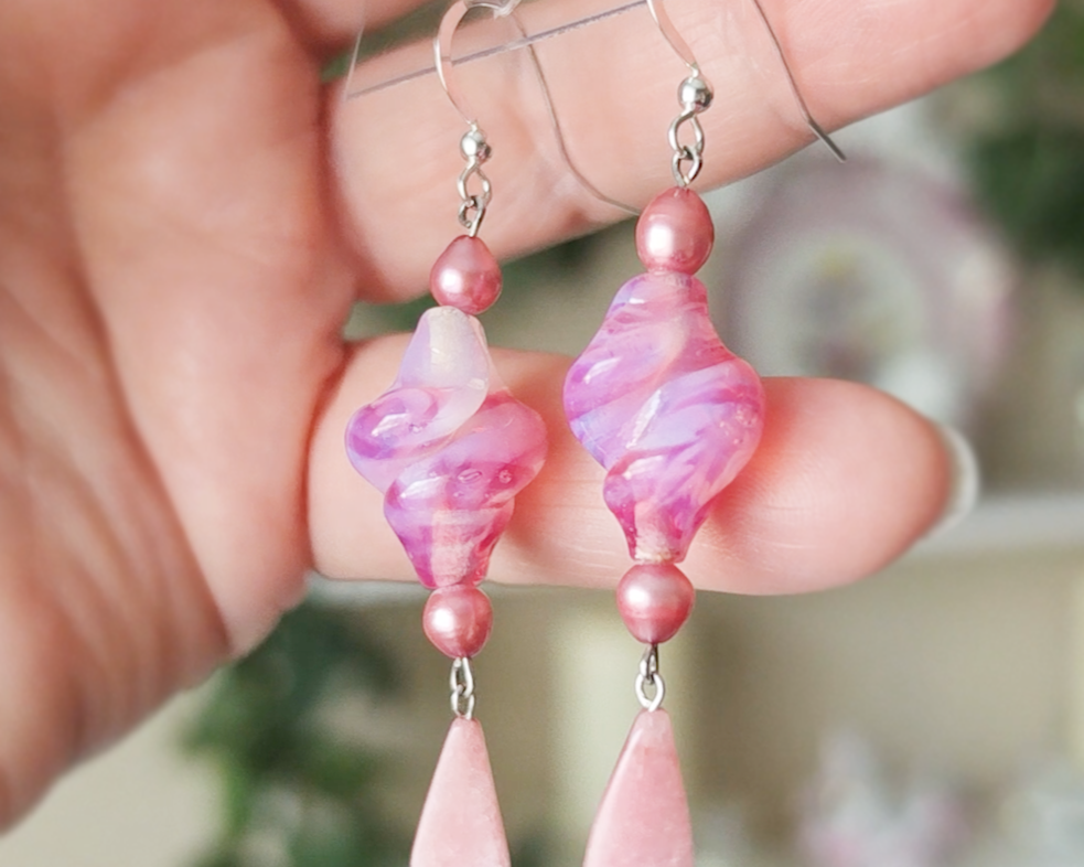 Long Pink Vintage Glass, Rose Quartz and Freshwater Cultured Pearl Dangle Earrings