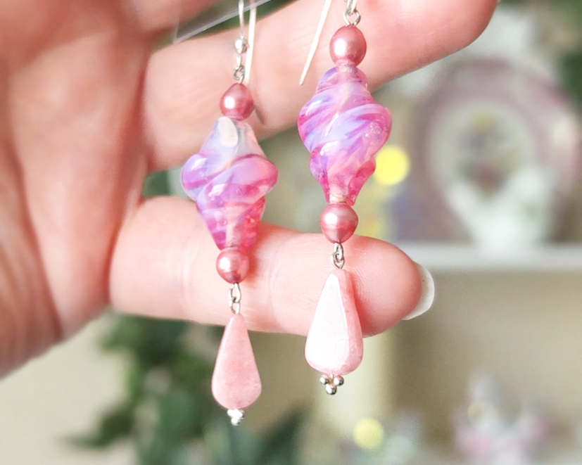 Long Pink Vintage Glass, Rose Quartz and Freshwater Cultured Pearl Dangle Earrings