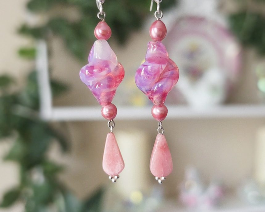 Long Pink Vintage Glass, Rose Quartz and Freshwater Cultured Pearl Dangle Earrings