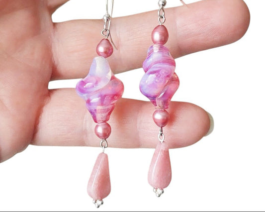 Long Pink Vintage Glass, Rose Quartz and Freshwater Cultured Pearl Dangle Earrings