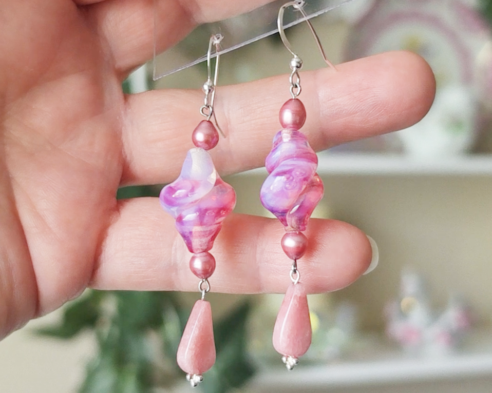Long Pink Vintage Glass, Rose Quartz and Freshwater Cultured Pearl Dangle Earrings