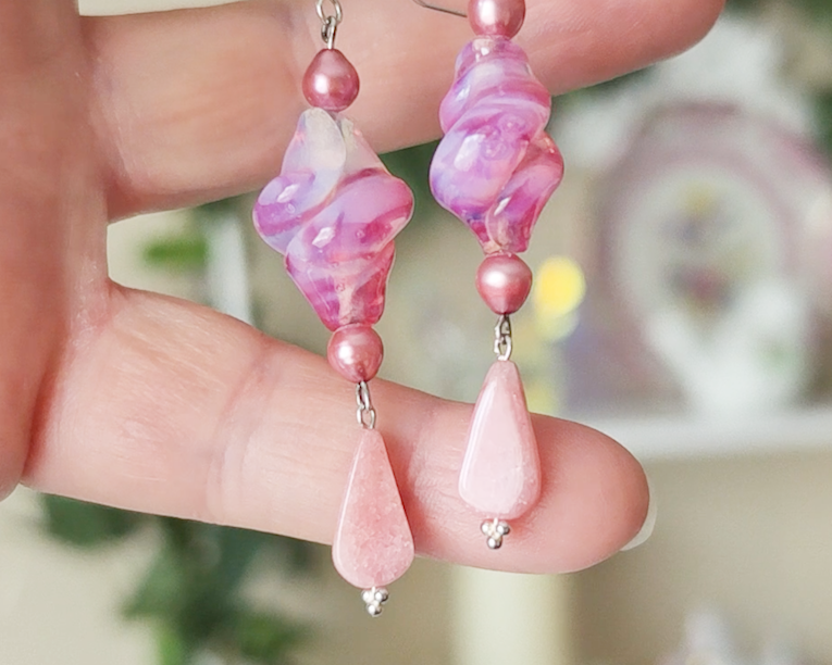 Long Pink Vintage Glass, Rose Quartz and Freshwater Cultured Pearl Dangle Earrings