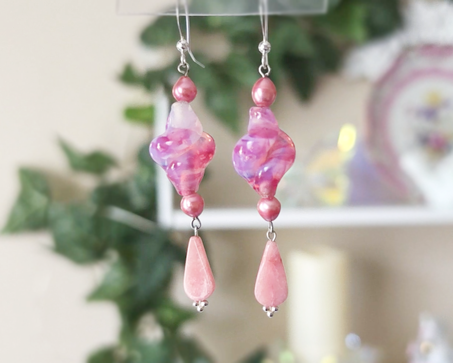 Long Pink Vintage Glass, Rose Quartz and Freshwater Cultured Pearl Dangle Earrings
