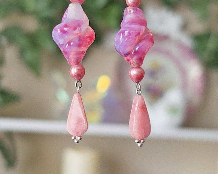 Long Pink Vintage Glass, Rose Quartz and Freshwater Cultured Pearl Dangle Earrings