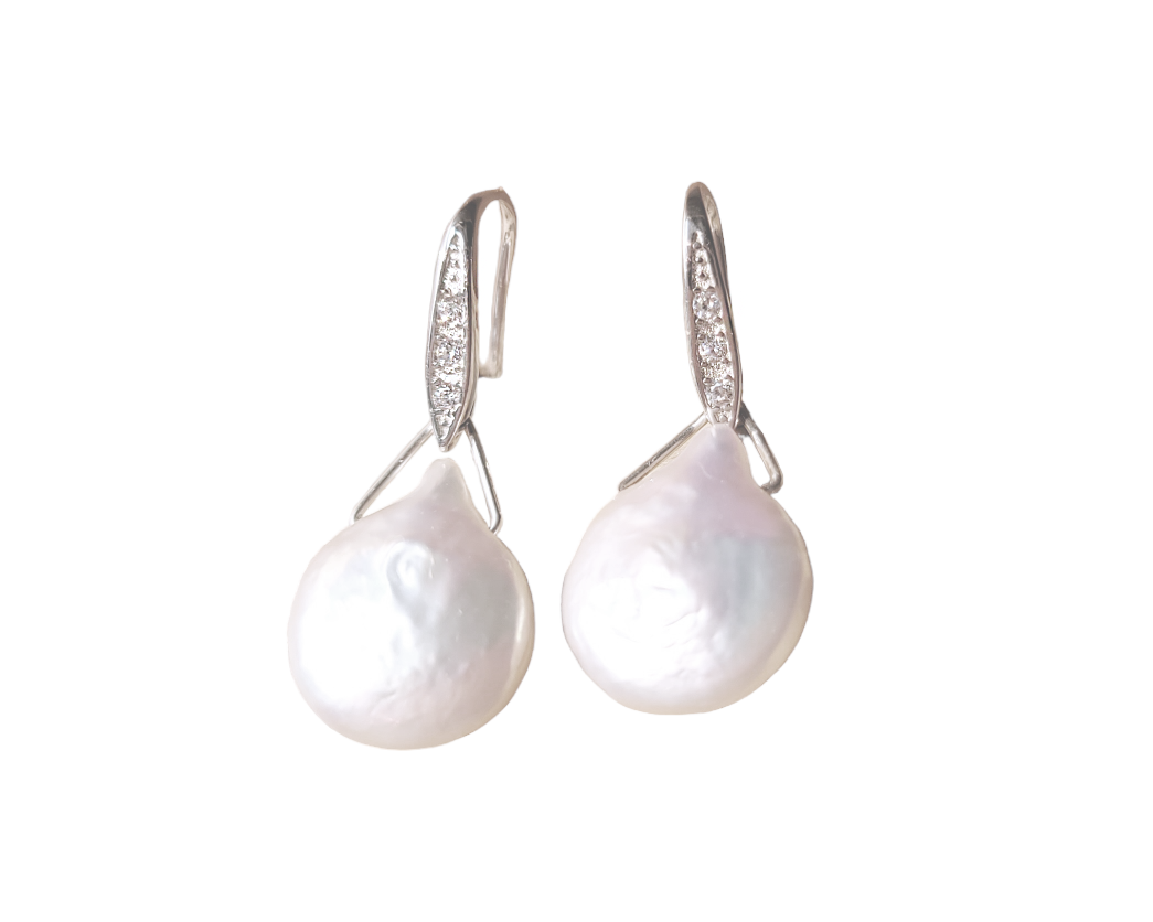 Large White Baroque Pearl Earrings, Large white, drop shaped, almost coin shaped pearls danglin from a Cubic Zirconia encrusted french earrings hooks.  