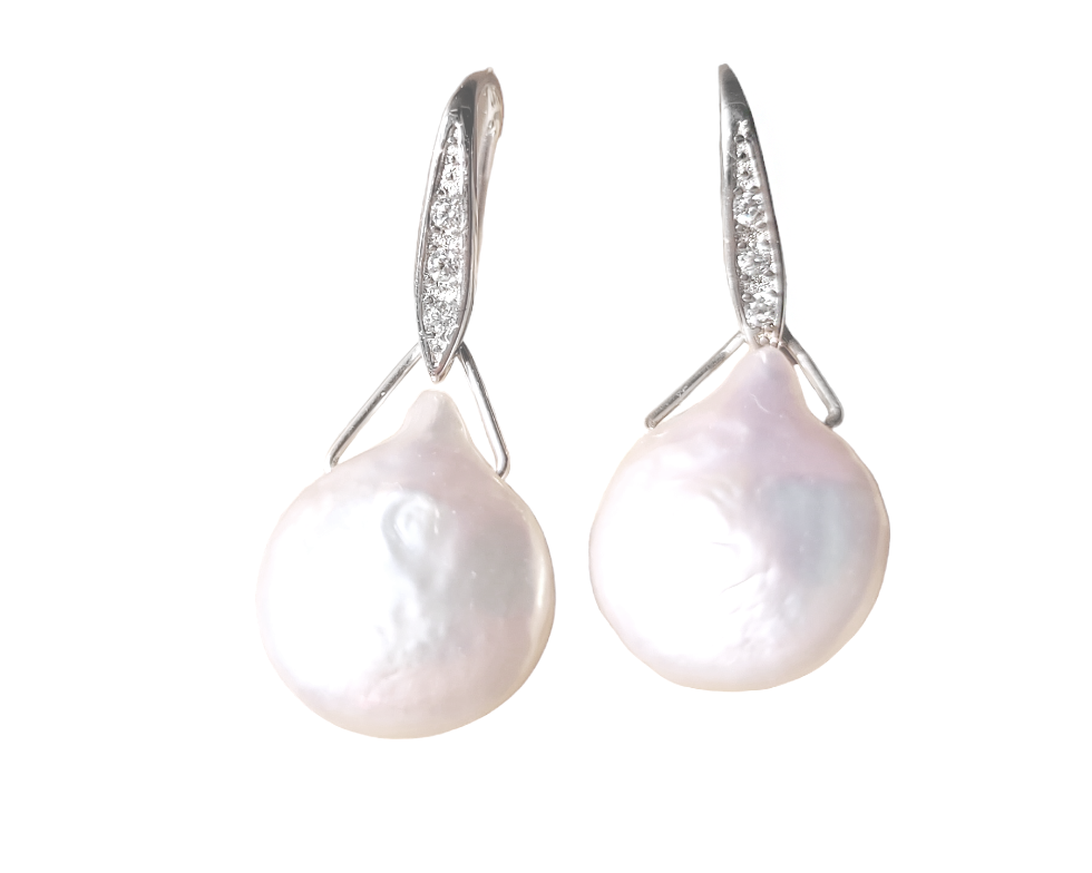 Large White Baroque Pearl Earrings, Large white, drop shaped, almost coin shaped pearls danglin from a Cubic Zirconia encrusted french earrings hooks.  