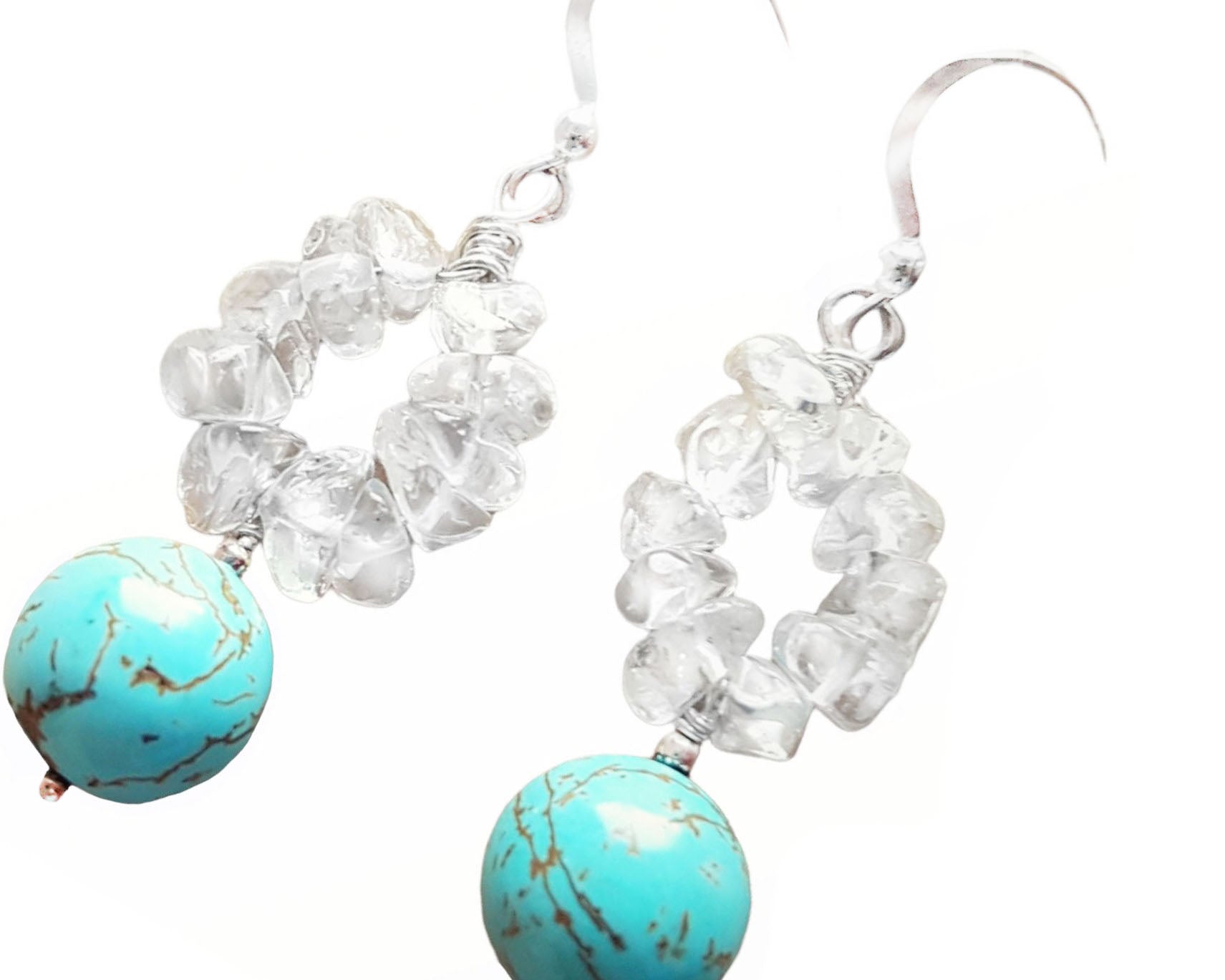 Turquoise Clear Quartz Crystal Dangle Earrings, Sterling Silver, Quartz Hoops, Round Turquoise Stones, Long Dangle Earrings