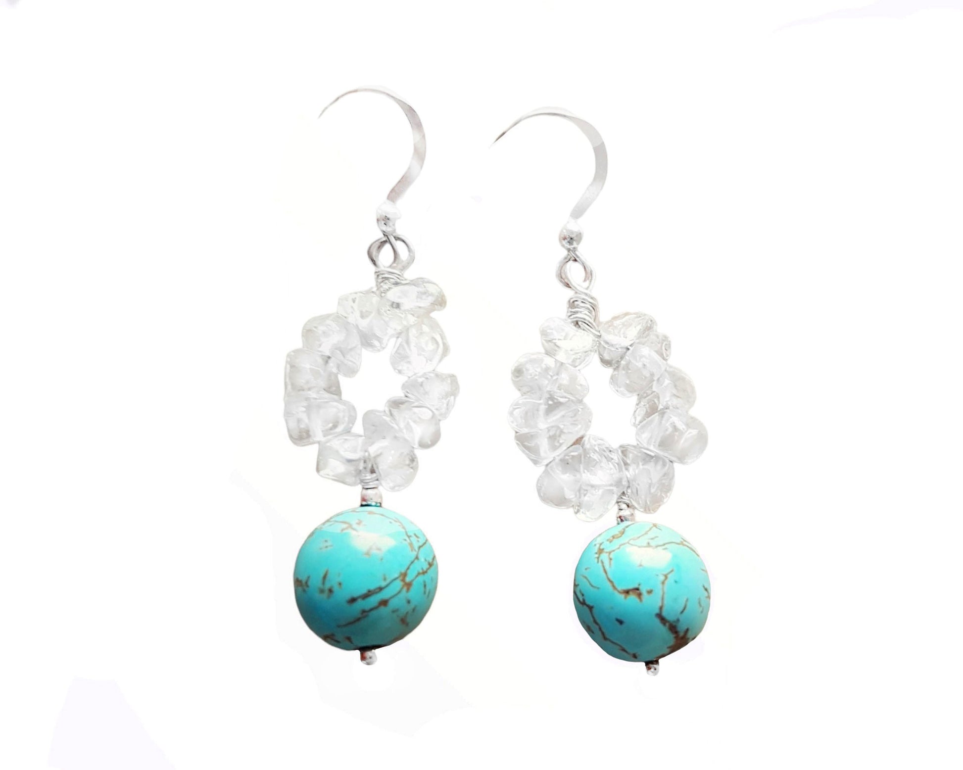 Turquoise Clear Quartz Crystal Dangle Earrings, Sterling Silver, Quartz Hoops, Round Turquoise Stones, Long Dangle Earrings