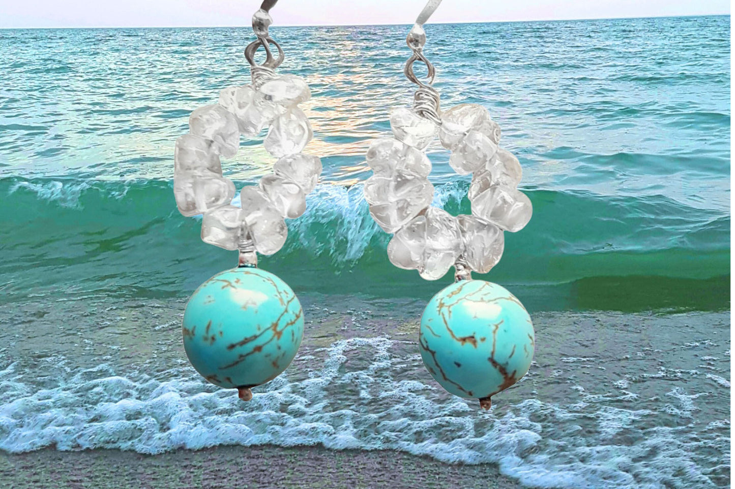 Turquoise Clear Quartz Crystal Dangle Earrings, Sterling Silver, Quartz Hoops, Round Turquoise Stones, Long Dangle Earrings