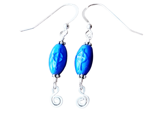 Long Dangly Christian Earrings made with Blue Glass Celtic Cross Earrings with Sterling Silver Celtic Coils.