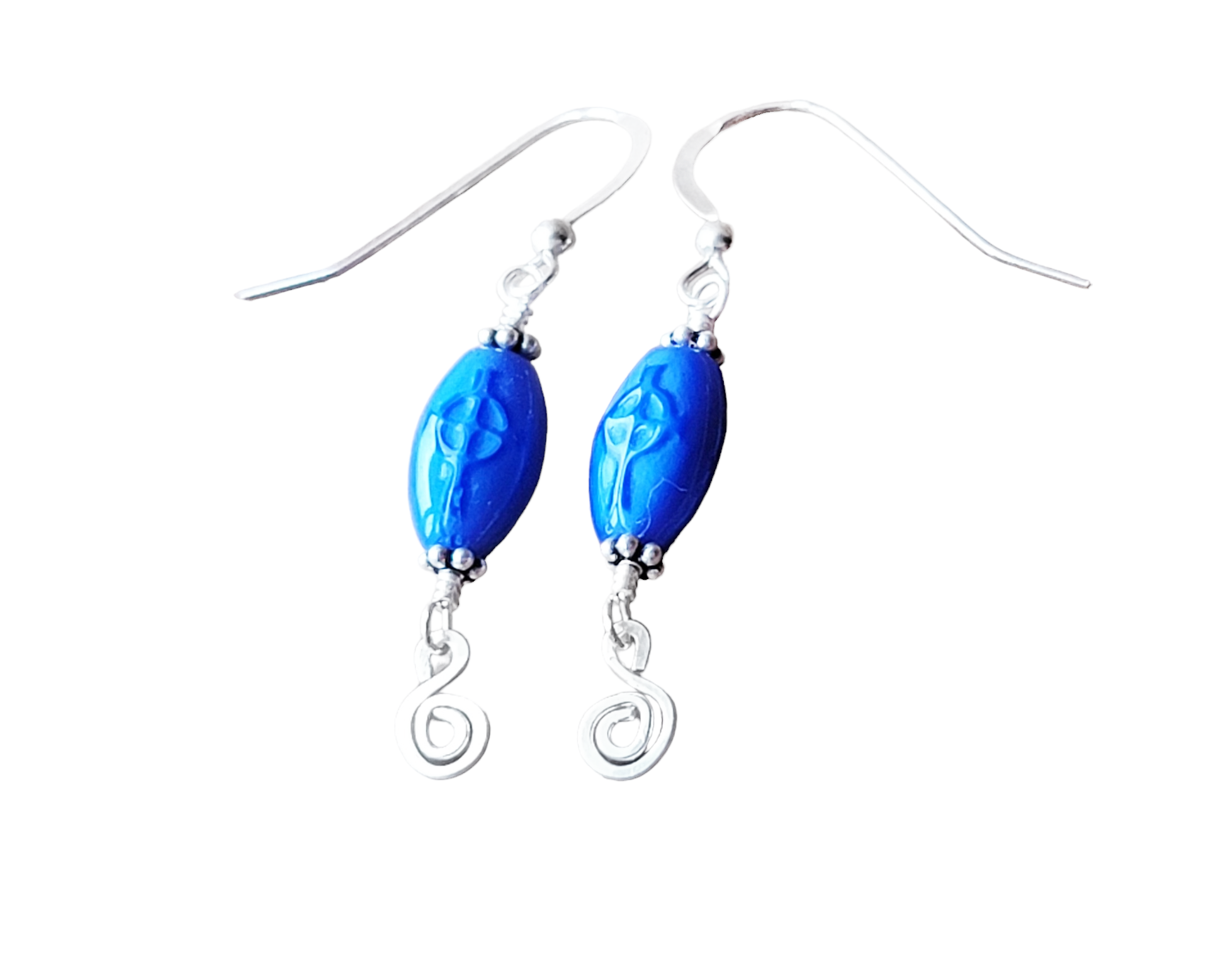 Long Dangly Christian Earrings made with Blue Glass Celtic Cross Earrings with Sterling Silver Celtic Coils.