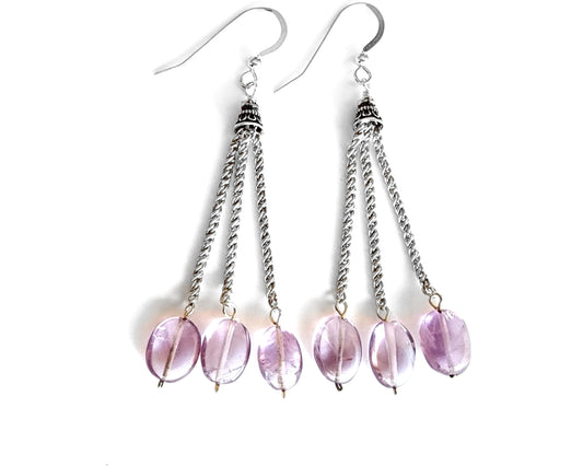 Long Eco Friendly Sterling Silver Amethyst Tassel Earrings with three strands of chain and oval shaped pale lavender translucent stones. 