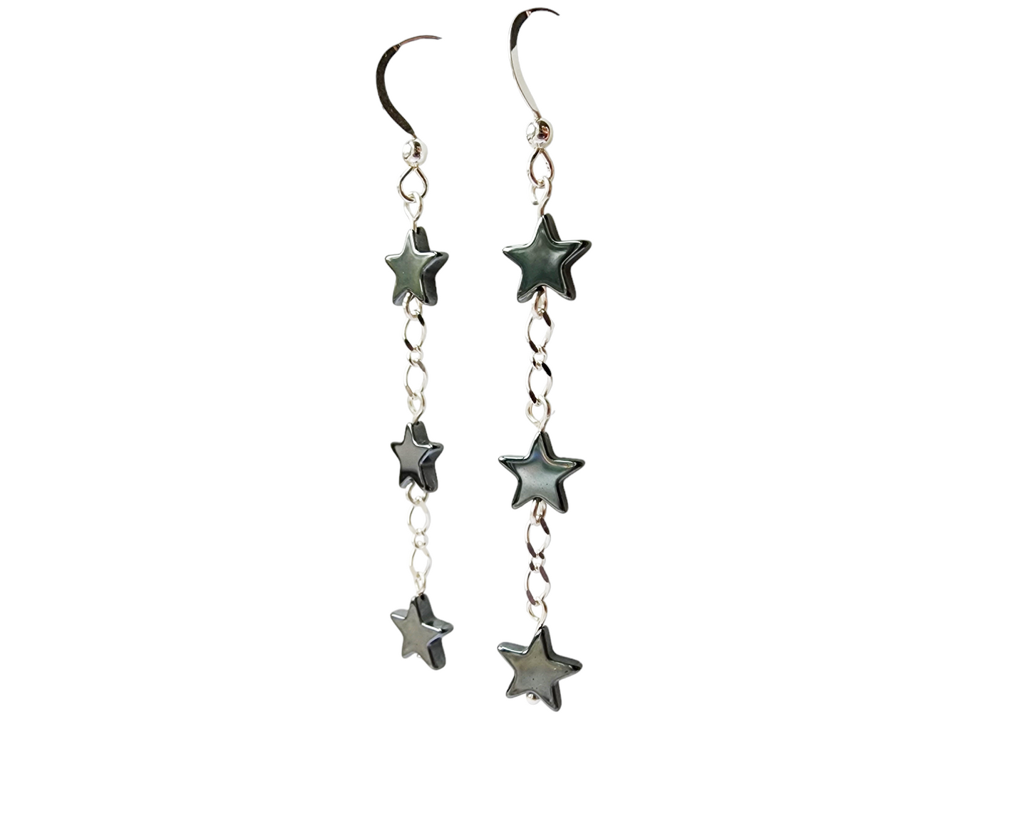 Long Hematite Star Dangle Earrings, Sterling Silver, Hematite