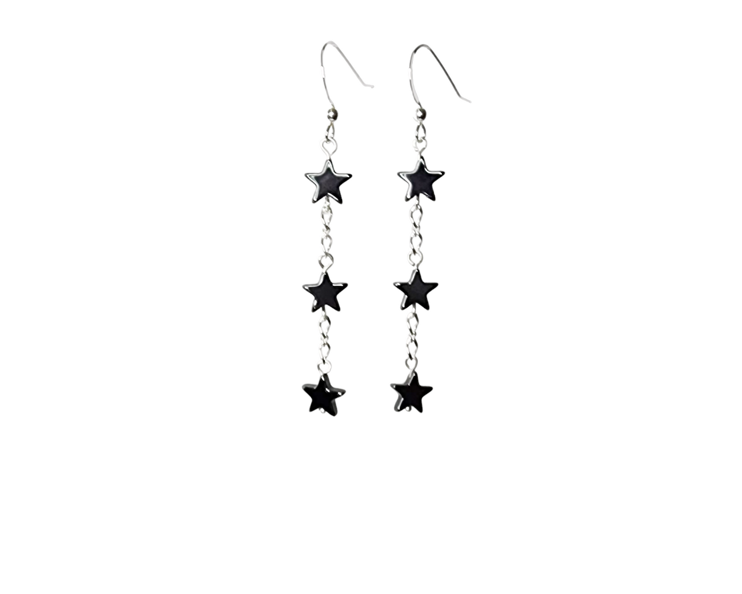 Long Hematite Star Dangle Earrings, Sterling Silver, Hematite