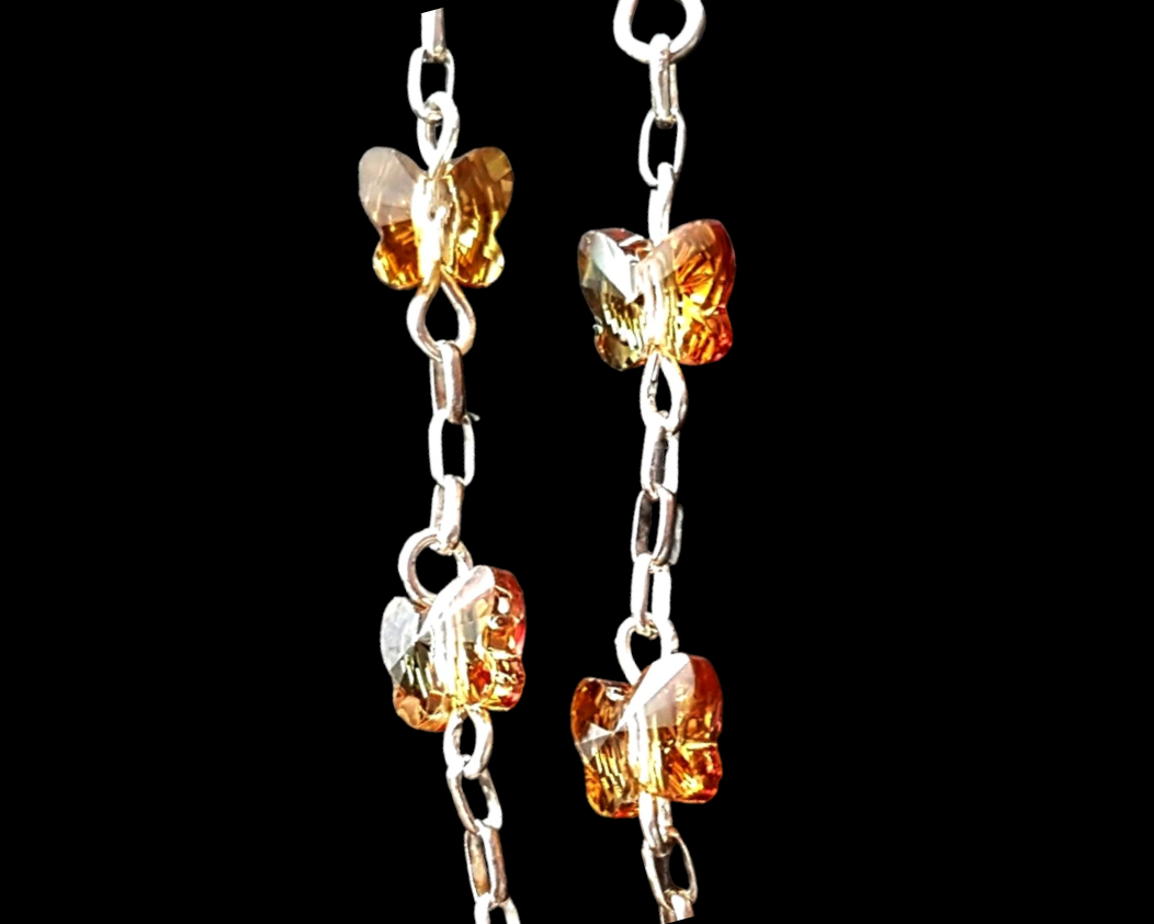 Long Butterfly Crystal Dangle Earrings-Clear AB Crystal & Light Topaz AB