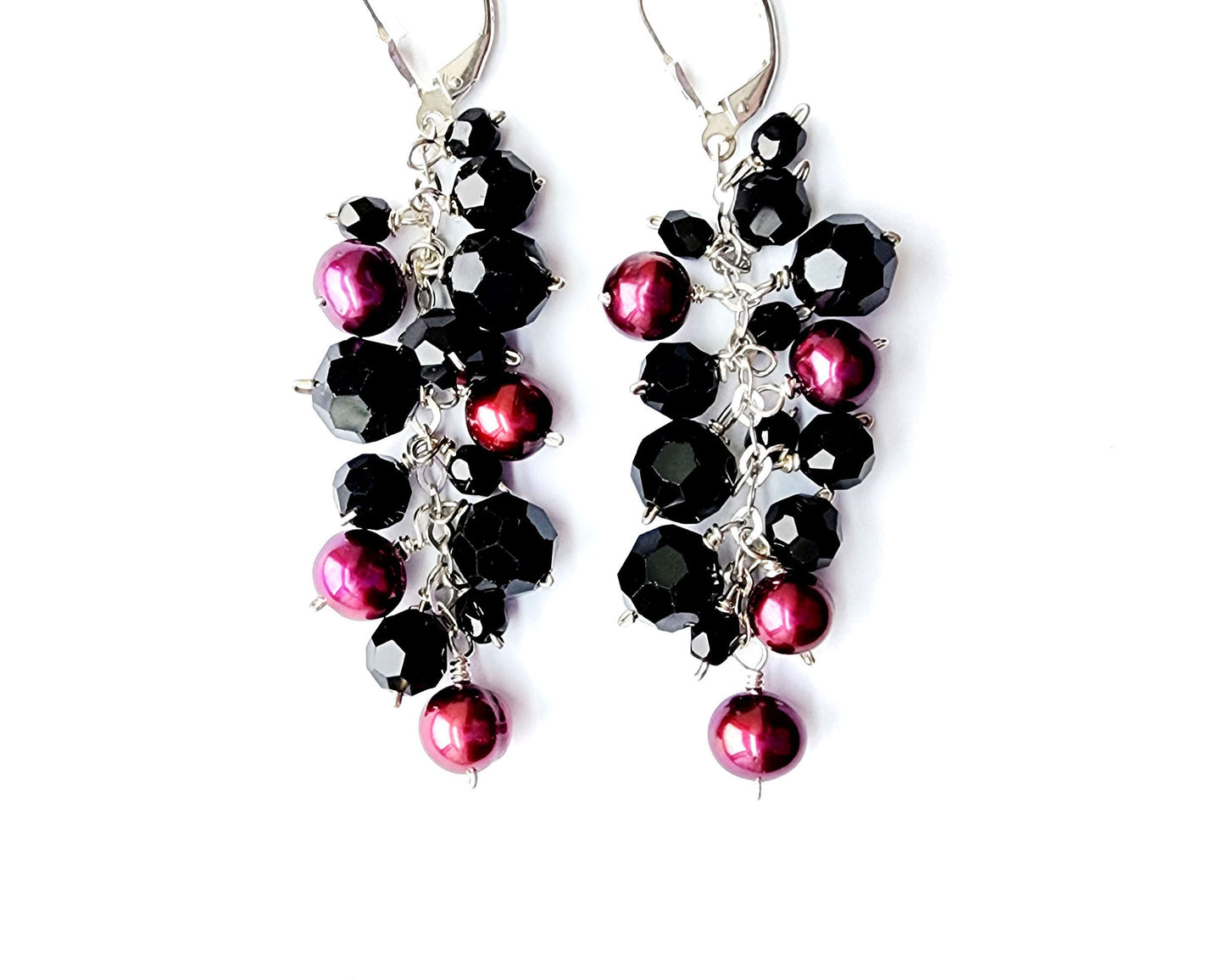 Long Burgundy Pearl and Black Crystal Cluster Earrings-Sterling Silver, Vintage Crystal & Freshwater Cultured Pearls and Leaver Back earrings hooks. 