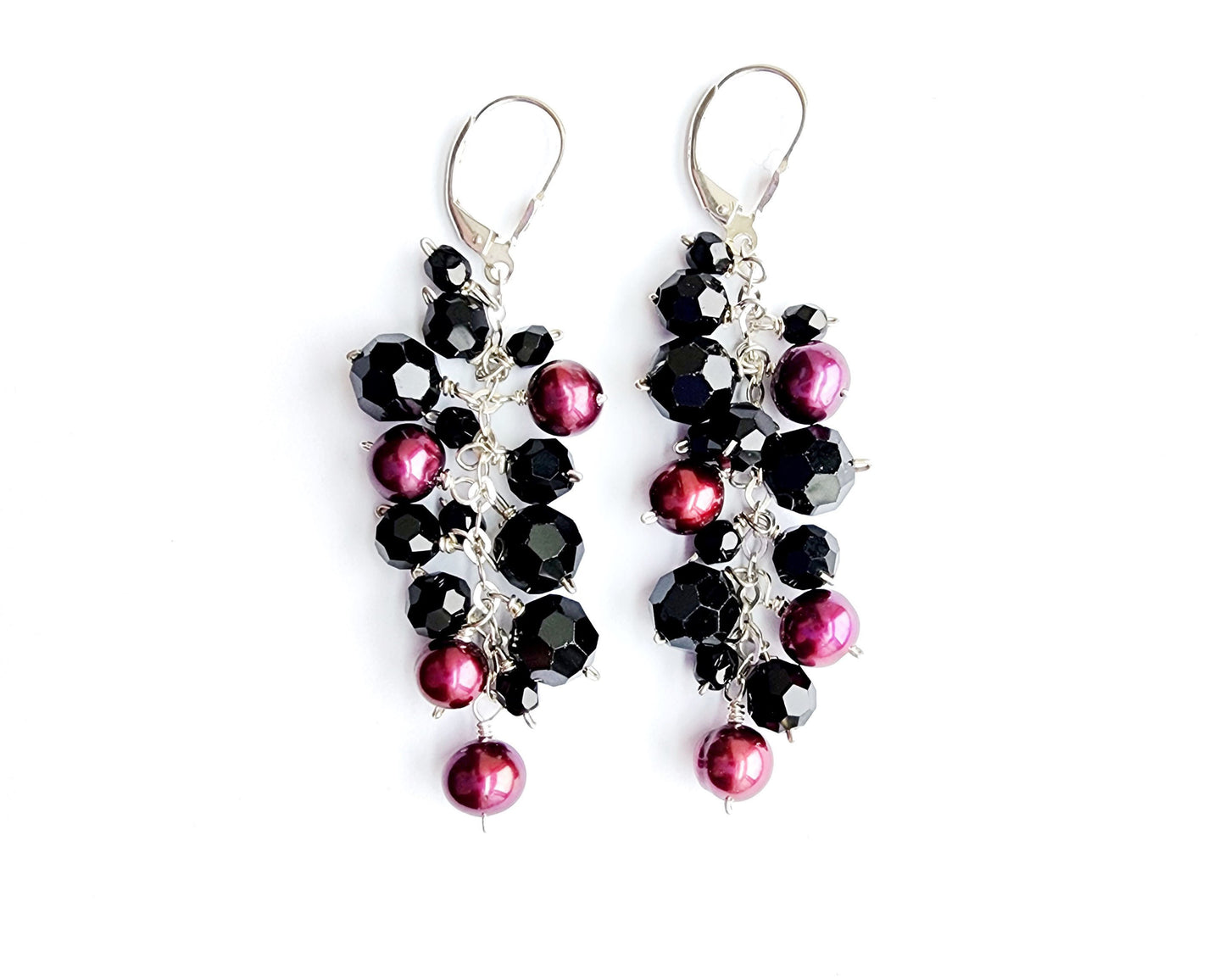 Long Burgundy Pearl and Black Crystal Cluster Earrings-Sterling Silver, Vintage Crystal & Freshwater Cultured Pearls and Leaver Back earrings hooks. 