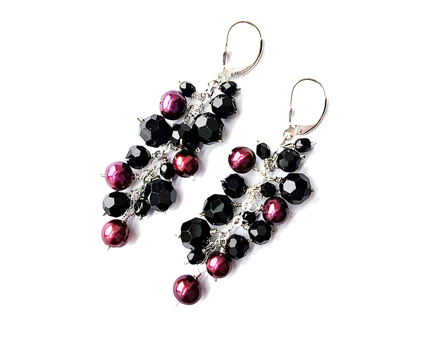 Long Burgundy Pearl and Black Crystal Cluster Earrings-Sterling Silver, Vintage Crystal & Freshwater Cultured Pearls and Leaver Back earrings hooks. 