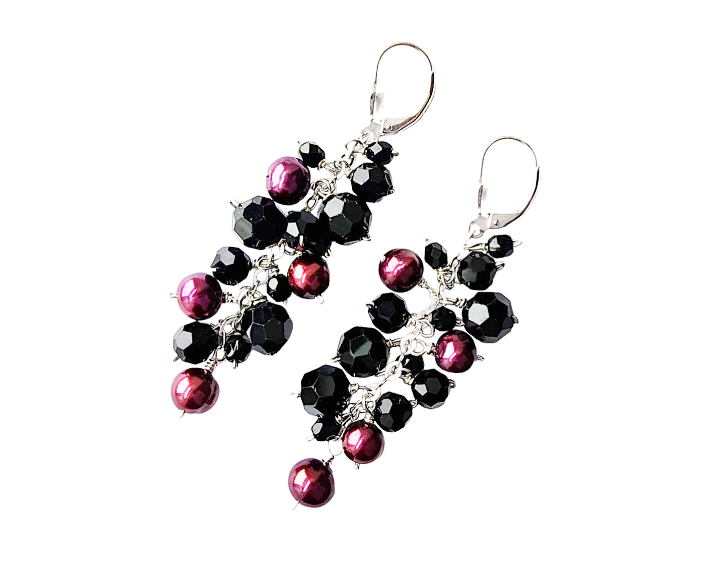 Long Burgundy Pearl and Black Crystal Cluster Earrings-Sterling Silver, Vintage Crystal & Freshwater Cultured Pearls and Leaver Back earrings hooks. 