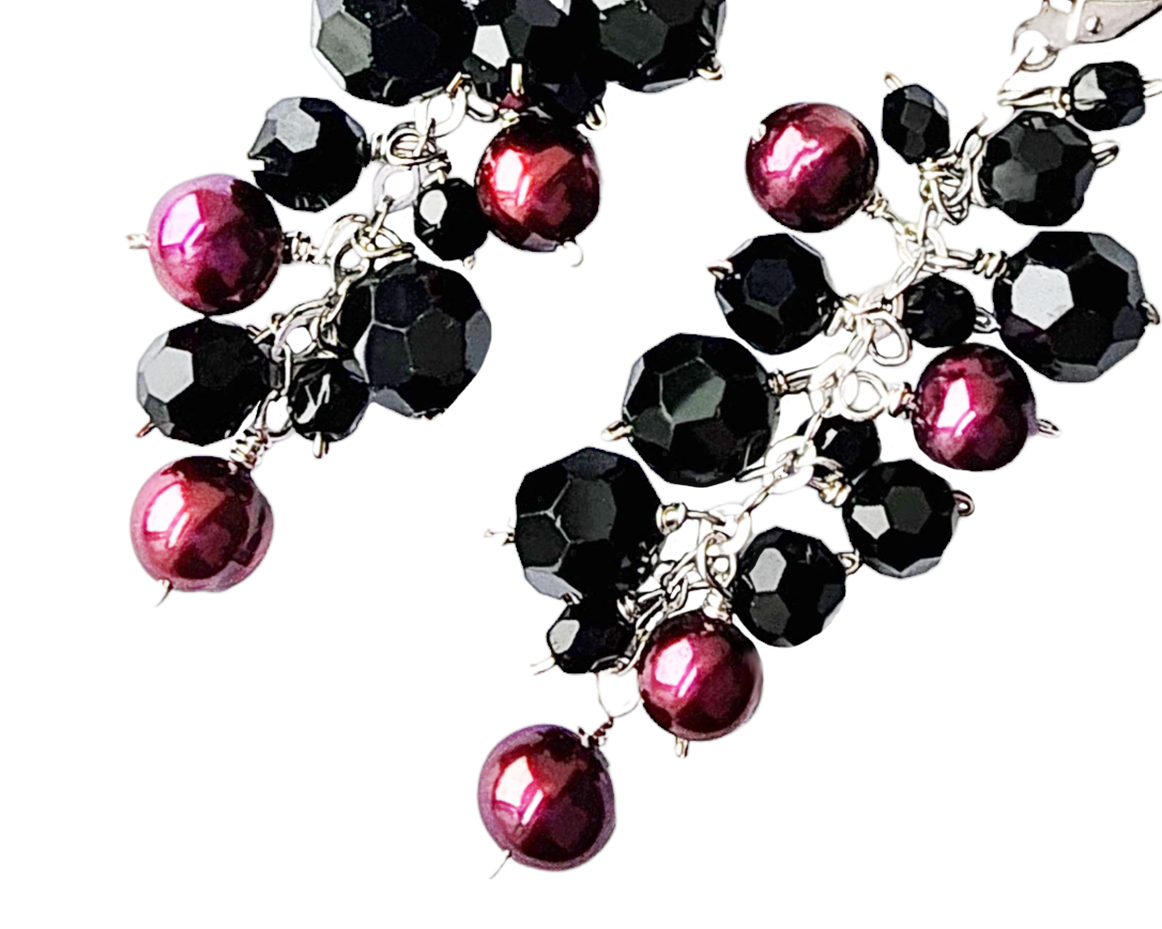 Long Burgundy Pearl and Black Crystal Cluster Earrings-Sterling Silver, Vintage Crystal & Freshwater Cultured Pearls 