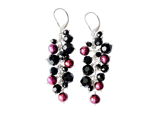 Long Burgundy Pearl and Black Crystal Cluster Earrings-Sterling Silver, Vintage Crystal & Freshwater Cultured Pearls and Leaver Back earrings hooks. 