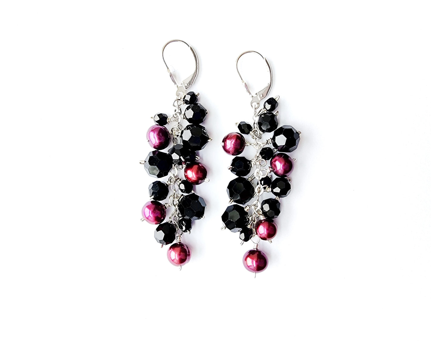 Long Burgundy Pearl and Black Crystal Cluster Earrings-Sterling Silver, Vintage Crystal & Freshwater Cultured Pearls and Leaver Back earrings hooks. 