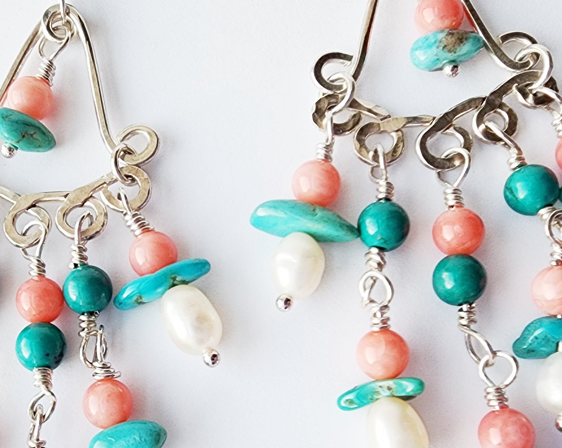 Mother of Pearl Statement Earrings Sterling Silver Dangle, Pink Coral Earring, Turquoise Coral Earrings, buy Boho Earrings Chandelier, Summer