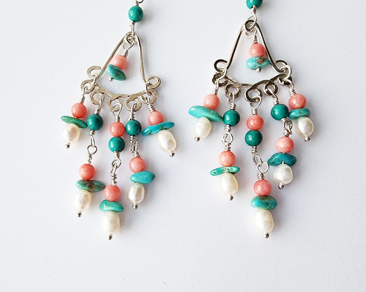 Celebration Turquoise Coral Pearl Chandelier Earrings made with Solid Sterling Silver, tiny white Freshwater Cultured Pearls, coral and Turquoise. 