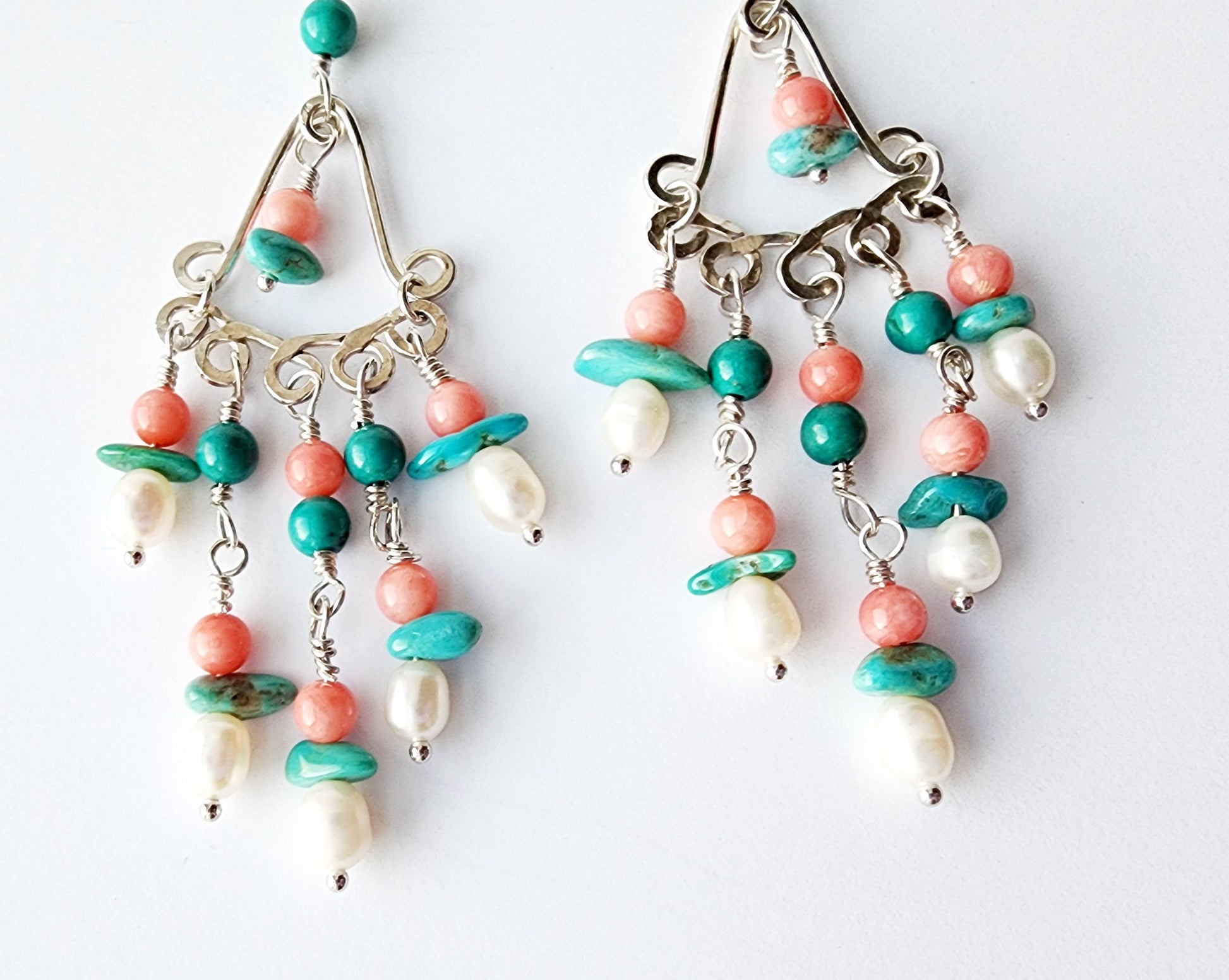 Celebration Turquoise Coral Pearl Chandelier Earrings made with Solid Sterling Silver, tiny white Freshwater Cultured Pearls, coral and Turquoise. 