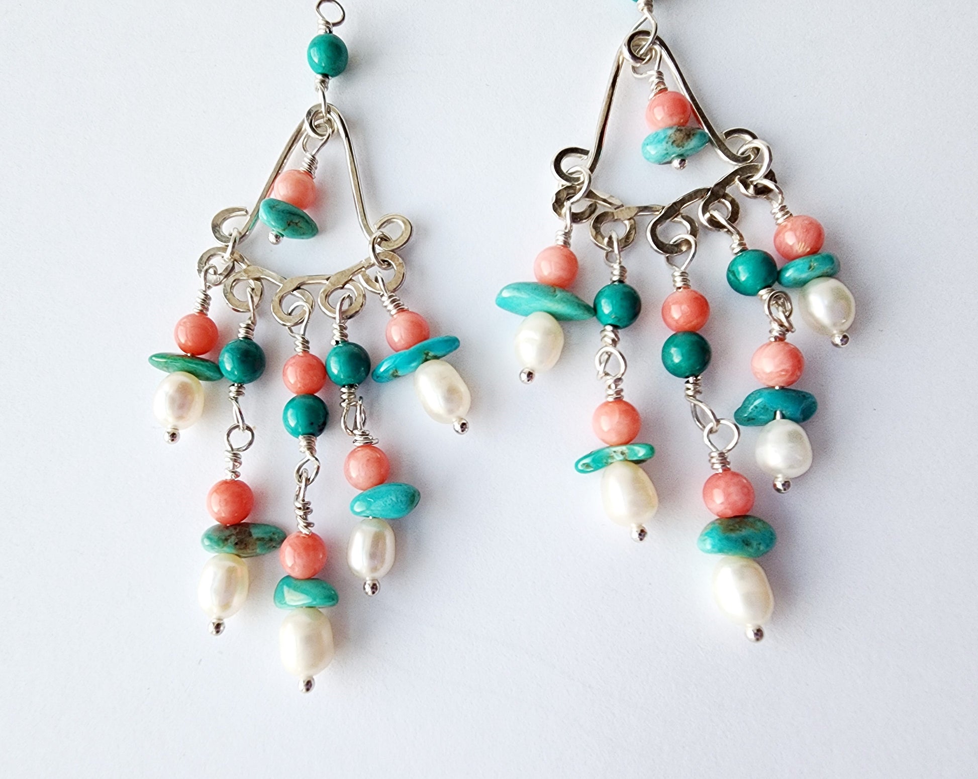 Celebration Turquoise Coral Pearl Chandelier Earrings made with Solid Sterling Silver, tiny white Freshwater Cultured Pearls, coral and Turquoise. 